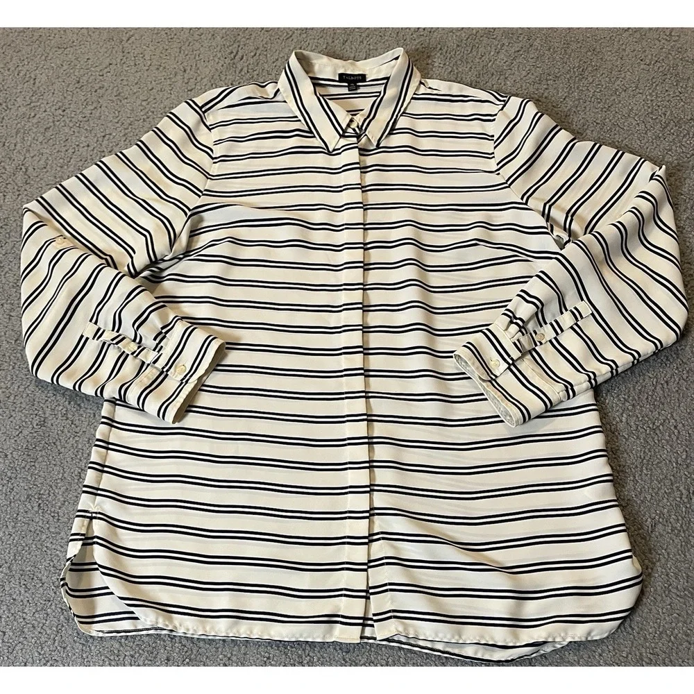 90s Talbots Striped Tunic Button Blouse XL White Black Long Sleeve Career Party - Picture 4 of 12